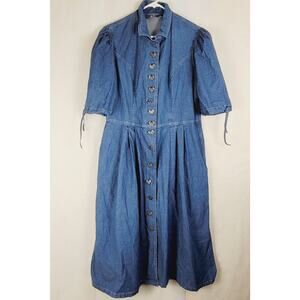 Julius Lang blue denim puff sleeve metal heart button up midi dress XL vintage